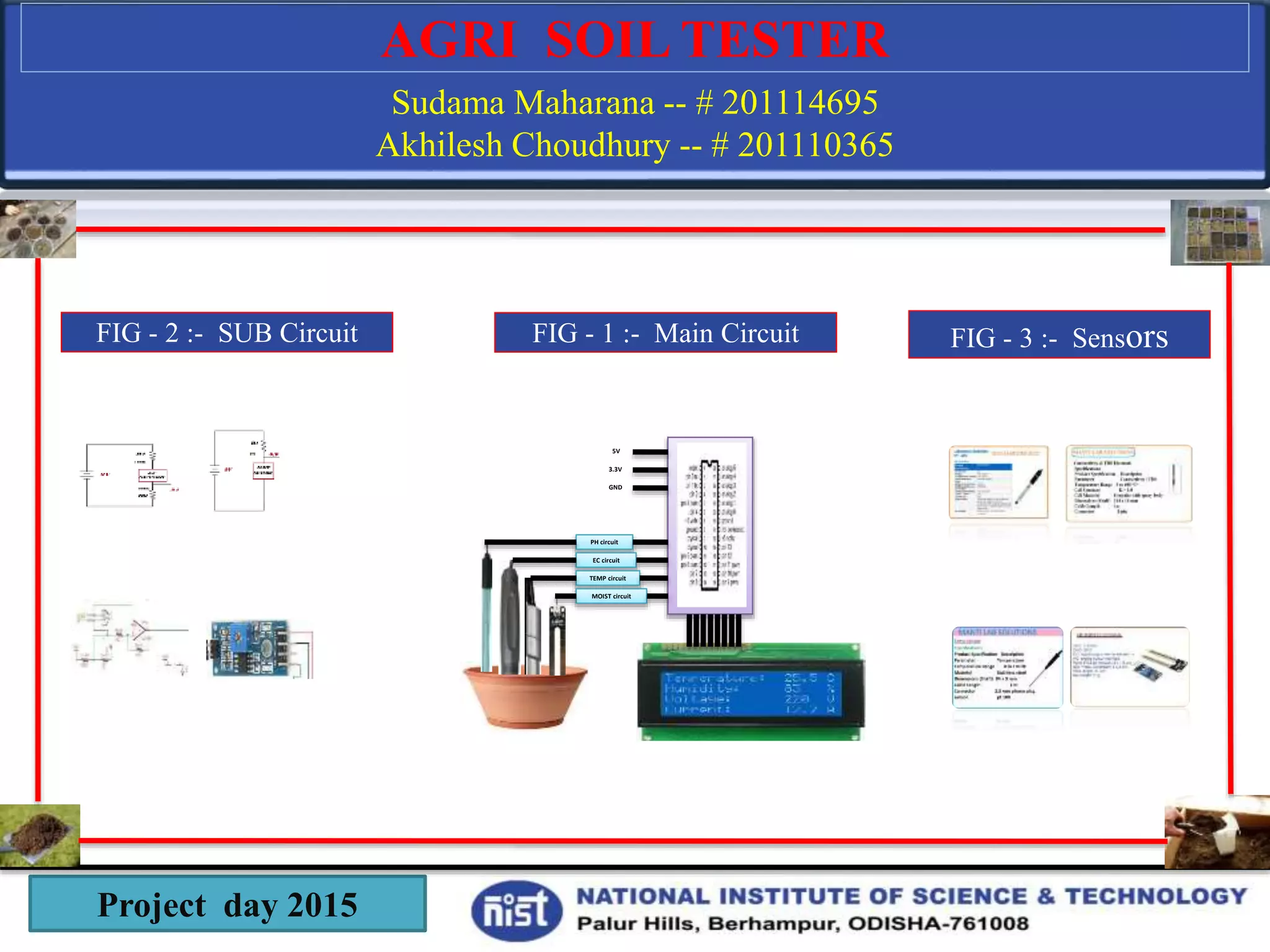 AGRI SOIL TESTER
Sudama Maharana -- # 201114695
Akhilesh Choudhury -- # 201110365
FIG - 1 :- Main Circuit
Project day 2015
A
R
D
U
I
N
O
PH circuit
EC circuit
TEMP circuit
MOIST circuit
5V
3.3V
GND
FIG - 2 :- SUB Circuit FIG - 3 :- Sensors
 