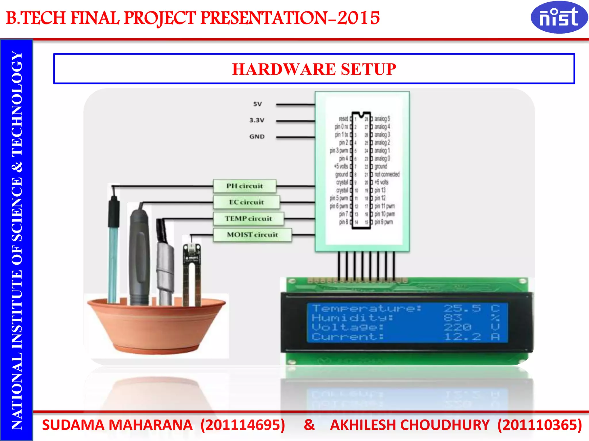 B.TECH FINAL PROJECT PRESENTATION-2015
SUDAMA MAHARANA (201114695) & AKHILESH CHOUDHURY (201110365)
NATIONALINSTITUTEOFSCIENCE&TECHNOLOGY
HARDWARE SETUP
 