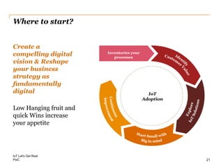 PwC
Create a
compelling digital
vision & Reshape
your business
strategy as
fundamentally
digital
Where to start?
Low Hanging fruit and
quick Wins increase
your appetite
IoT Let's Get Real
21
Inventories your
processes
IoT
Adoption
 