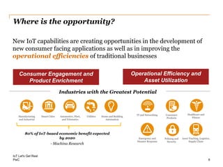 PwC
Where is the opportunity?
New IoT capabilities are creating opportunities in the development of
new consumer facing applications as well as in improving the
operational efficiencies of traditional businesses
IoT Let's Get Real
6
Industries with the Greatest Potential
Healthcare and
Fitness
Asset Tracking, Logistics,
Supply Chain
Manufacturing
and Industrial
Utilities
Policing and
Security
Emergency and
Disaster Response
Consumer
Products
IT and Networking
Automotive, Fleet,
and Telematics
Home and Building
Automation
Smart Cities
80% of IoT-based economic benefit expected
by 2020
- Machina Research
Consumer Engagement and
Product Enrichment
Operational Efficiency and
Asset Utilization
 