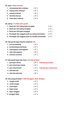 24. akan = tiada imbuhan
1. menyayangi akan anaknya ( )
2. sayang akan anaknya ( )
3. sayang anaknya ( )
4. merindui ibunya ( )
5. rindu akan anaknya ( )
25. saling = 1x,tidak perlu ganda
1. Daud dan Arif saling kejar-mengejar ( )
2. Daud dan Arif saling mengejar ( )
3. Daud dan Arif kejar-mengejar ( )
4. Perompak dan anggota polis itu saling menembak. ( )
5. Perompak dan anggota polis itu tembak-menembak. ( )
26. kata ganda bagi imbuhan pinjaman =2x
1. juru-juruterbang ( )
2. juruterbang-juruterbang ( )
3. olahragawan-olahragawan ( )
4. olah-olahragawan ( )
5. seniman-seniman ( )
27. kata ganda bagi kata nama = 2x kata pertama
1. guru-guru besar ( ) =banyak guru besar
2. guru besar-guru besar ( )
3. guru besar-besar ( ) =banyak guru yang besar
4. alat-alat tulis ( )
5. alat tulis-alat tulis ( )
28. kata penguat bebas = SAS (Sungguh, Amat, Sangat)
1. sangat cantik ( )
2. cantik sangat ( )
3. amat kejam ( )
4. kejam amat ( )
5. bijak sungguh ( )
6. sungguh bijak ( )
 