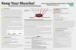 ABSTRACT
Obesity is a significant health concern. Our research investigates various studies
involving participants engaging in intentional weight loss through exercise
coupled with a hypocaloric diet. As a result, individuals may be losing fat mass along
with lean muscle mass. Branched-chain amino acids (BCAAs) are essential amino acids
that may stimulate protein synthesis through the Mammalian Target of Rapamycin
pathway (mTOR). Based on current research we recommend consuming BCAAs post-
exercise, which may increase protein synthesis and help retain lean muscle mass.
INTRODUCTION/BACKGROUND
Currently, the CDC and other researchers estimate 2/3 of Americans are overweight
(BMI = 25.0–29.9) or obese (BMI≥30.0).1,2
With a BMI in one of these categories,
Americans are at increased risk for various diseases, e.g. hypertension and Type 2
diabetes.1
Americans spend $20 billion annually on weight loss aids like diet books,
supplements and weight loss surgeries.
To lose weight, adults often perform cardio and resistance training and may follow a
hypocaloric diet. When done in conjunction they run the risk of not only losing fat
mass, but lean muscle mass as well.3,4
As lean muscle mass deteriorates through age,
performing simple activities of daily living can become difficult, ultimately leading to a
decrease in quality of life.
Branched-chain amino acids consist of three essential amino acids that your body needs
to have a complete protein profile: leucine, isoleucine and valine.3­
(Figure 1)These
amino acids have a positive effect on muscle protein synthesis and overall production
of a positive protein
balance.3
Thus, BCAA
intake higher than the
current RDA while
on a hypocaloric diet
in conjunction with
resistance training may help prevent loss of lean muscle mass.5
OBJECTIVES
•	To describe the effects of BCAAs on protein synthesis
•	To describe the Mammalian Target of Rapamycin (mTOR) pathway
•	To provide nutrition recommendations
PHYSIOLOGICAL ASPECTS
Maintaining Protein Balance
Maintaining lean muscle mass while reducing fat mass is essential in healthy weight loss.
Individuals often adopt a hypocaloric diet coupled with resistance training to promote
loss of fat mass. A restriction in calories or specifically carbohydrates may promote an
increase use of fat as a fuel while sparing protein degradation.4
RELATED NUTRIENTS6
Sources of BCAAs
•	 Meat & Dairy: cheese, eggs, chicken, turkey, beef
•	 Legumes: lima beans, soy beans, peanuts
•	 Seafood: salmon, trout, crab, lobster, shrimp
Figure 3: Dietary sources of BCAAs
Branched-chain amino acids can be found through exogenous sources or supplementation.
RDA Daily Protein Recommendations7
(gram of protein per kilogram of body
weight)
•		Healthy individuals: 0.8g/kg
•		Elderly: 1.0 - 1.1g/kg
•		BMI<30: 1.2 - 2.0g/kg
•		BMI 30-40: 2.0g/kg of ideal body weight
•		BMI>40: 2.5g/kg of ideal body weight
•	 Estimated amount to maximize protein synthesis: 1.3 - 1.8g/kg4
CONCLUSION
Obese individuals face the risk of a decreased quality of life when there is insufficient
lean muscle mass. Preserving muscle mass while targeting fat mass is a priority for those
partaking in exercise coupled with a hypocaloric diet. BCAA consumption is becoming
increasingly popular among those participating in weight loss and diet activities. Several
studies have shown promise that greater protein intake above the RDA can improve lean
muscle mass retention. Additional studies are warranted to determine an ideal protein
amount to achieve optimum protein balance. Although evidence focuses on the benefits
of BCAAs, there is no general consensus on the roles of each individual BCAA.
ACKNOWLEDGMENTS
Thank you Colleen Burke, Dr. Leslie Cunningham-Sabo, and James Peth for your guidance throughout this semester.
REFERENCES
1. Adult Obesity Facts. Centers for Disease Control and Prevention. Available at: http://www.cdc.gov/
obesity/data/adult.html. Published 2015. Accessed: April 11, 2016.
2. Yanovski S, Yanovski J. Obesity Prevalence in the United States – Up, Down, or Sideways? The New En-
gland Journal of Medicine. March 17, 2011; 364: 987-989. DOI:10.1056/NEJMp1009229
3. Dudgeon W, Kelley E, Schett T. In a single-blind, matched group design: branched-chain amino acid
supplementation and resistance training maintains lean body mass during a caloric restricted diet. Journal of
the International Society of Sports Nutrition. 5 January 2016; 13. DOI:10.1186/s12970-015-0112-9
4. Koopman R, Loon L. Aging, Exercise and Muscle Protein Metabolism. Journal of Applied Physiology. 1
June 2009; 106: 2040-2048. DOI:10.1152/japplphysiol.91551.2008
5. Phillips S, Loon L. Dietary Protein for Athletes: From Requirements to Optimum Adaptation. The Jour-
nal of Sports Sciences. 09 December 2011; 29: 529-538. DOI:10.1080/02640414.2011.619204
6. Foods List. Foods List. https://ndb.nal.usda.gov/ndb/search. Accessed: April 11, 2016.
7. Mahan LK, Escott-Stump S, Raymond JL. Krause’s Food Nutrition And Diet Therapy. 13th ed. Philadelphia:
WB Saunders; 2011.
8. Rowlands DS, Nelson AR, Phillips SM, et al. Protein–Leucine Fed Dose Effects on Muscle Protein Syn-
thesis after Endurance Exercise. Medicine & Science in Sports & Exercise 2015;47(3):547–555. DOI: 10.1249/
mss.0000000000000447
9. Reidy PT, Walker DK, Dickinson JM, et al. Protein Blend Ingestion Following Resistance Exercise
Promotes Human Muscle Protein Synthesis. Journal of Nutrition 2013;143(4):410–416. DOI: 10.3945/
jn.112.168021
10. Norton LE, Layman DK. Leucine regulates translation initiation of protein synthesis in skeletal muscle
after exercise. The Journal of Nutrition. 136: 533S-S537.http://jn.nutrition.org/content/136/2/533S. Pub-
lished 2006. Accessed: April 11, 2016.
11. Rajendram DR. Branched Chain Amino Acids in Clinical Nutrition. Humana Press. Humana 2014; 2.
33-60 DOI: 10.1007/978-1-4939-1914-7_25.
12. Dickinson JM, Gundermann DM, Walker DK, et al. Leucine-Enriched Amino Acid Ingestion after Re-
sistance Exercise Prolongs Myofibrillar Protein Synthesis and Amino Acid Transporter Expression in Old-
er Men. Journal of Nutrition 2014;144(11):1694–1702. DOI:10.3945/jn.114.198671.
13. Morita M, Gravel SP, Hulea L, et al. mTOR coordinates protein synthesis, mitochondrial activity and
proliferation. Cell Cycle, 14:4, 473-480. DOI:10.4161/15384101.2014.991572
14. Stipanuk MH, Caudill MA. Biochemical, physiological, and molecular aspects of human nutrition. 3rd edition. St.
Louis, Missouri:Elsevier Inc;2013 14:291-292.
Evidence
Study - 2016, Journalofthe
InternationalSocietyofSportsNutrition
•	 17 resistance trained men were split into two different groups
•	 Both groups followed a hypocaloric diet
•	 One group received BCAAs supplementation and the other received carbohydrate supplementation post-resistance
training
•	 Results: BCAAs supplementation group lost fat mass and maintained lean muscle mass, while the carbohydrate sup-
plementation group lost lean muscle mass and body mass.3
Study - 2013, Medicine&
ScienceinSports&Exercise
•	 12 endurance trained male cyclists
•	 Leucine drinks were given to athletes following intense 100 minute cycling workout
•	 Muscle biopsies were performed on cyclists post-exercise
•	 Results: Cyclists had a 25% increase in myofibrilar fractional synthesis rate (FSR)
•	 Protein supplementation with leucine post-exercise can increase the muscle protein synthesis rate.8
Study - 2013, JournalofNutrition
•	 19 Adults - 17 males and 2 females
•	 Participants engaged in resistance training regime
•	 One hour post resistance training, participants were given leucine containing drinks
•	 Results: Stimulated muscle growth following exercise with BCAA supplementation
•	 Showed an increase in muscle protein synthesis and skeletal muscle mTOR signaling.9
Table 1. Summary of three scientific studies which show the relationship between BCAA supplementation and protein synthesis.
Autophagy
(Protein Degradation)
mTORC1
Protein Synthesis
PLASMA MEMBRANE
Intracellular Space
Extracellular Space
Figure 2: Activation of the Mammalian Target of Rapamycin (mTOR) Signaling Pathway
When active, mTOR pathway promotes increased protein synthesis and decreased protein degradation. Activators of the pathway include insulin,
oxygen, amino acids, particularly branched-chain amino acids, and other growth factors; inhibitors include glucagon, rapamycin, and stress.
Amino Acids Insulin Oxygen Glucagon Rapamycin Stress
Individuals who participate in a hypocaloric diet coupled with resistance training may encounter a sudden state
of negative protein turnover, which is defined as the rate of protein degradation exceeding protein synthesis.7
Current literature has shown that individuals who consume BCAAs after resistance exercise can help restore
protein turnover by creating a positive net balance of protein synthesis and a decrease of protein breakdown.3
This can lead to maintenance of lean muscle mass while promoting loss of fat mass.
Mammalian Target of Rapamycin Pathway
Branched-chain amino acids stimulate protein synthesis via the Mammalian Target of Rapamycin pathway.10,11
mTOR consists of two distinct complexes, mTORC1 and mTORC2. mTOR Complex 1 (mTORC1) pathway
regulates cell growth, reproduction, and survival.12,13
mTORC1 (Figure 2) is a highly controlled pathway that
consists of receptors that respond to numerous intracellular and extracellular stimuli. Stimuli include oxygen,
energy status of the body, insulin, amino acids, and growth factors.13
When an individual consumes a protein-rich meal after exercise, the proteins are digested to amino acids and
taken up into circulation then transported throughout the body.14
Branched-chain amino acids, such as leucine,
bind to the receptor resulting in activation of mTORC1 leading to upregulation of protein synthesis, while
simutaneously repressing protein degradation.11
Kevin Leung, Jackie Nelson, Andrea Rapp
FSHN 492 | Spring‘16
Keep Your Muscles!Branched-Chain Amino Acids and Lean Muscle Retention
Voet et al. Fundamentals of Biochemistry: Life at the Molecular Level, 4th Edition.
 
