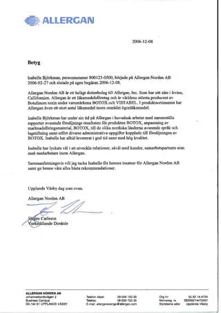 Reference letter.Allergan Norden AB