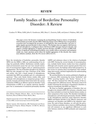 REVIEW
Family Studies of Borderline Personality
Disorder: A Review
Candace N. White, EdM, John G. Gunderson, MD, Mary C. Zanarini, EdD, and James I. Hudson, MD, ScD
This paper reviews the literature examining the psychopathology found in relatives of individuals
with borderline personality disorder (BPD). Reﬂecting changes in how BPD has been conceptualized,
researchers have investigated the prevalence of schizophrenia, then mood disorders, and more re-
cently, impulse spectrum disorders in these relatives. This literature does not support a link between
BPD and schizophrenia, is ambiguous about a link between BPD and major depressive disorder, and
suggests a familial aggregation of impulse spectrum disorders and BPD, as well as of BPD itself.
Because of signiﬁcant methodological problems, most notably indirect assessments and inadequate
sample size, major questions persist about the familial aggregation of this disorder that require
more deﬁnitive methods. (HARV REV PSYCHIATRY 2003;11:8–19.)
Since the introduction of borderline personality disorder
(BPD) into the DSM in 1980, our understanding of its eti-
ology has gradually shifted. Attributions initially empha-
sized environmental causes but now lean toward interac-
tion of environmental triggers with an underlying genetic
predisposition. The list of disorders thought to be related to
BPD has also changed over time. Clinicians of the 1970s
and earlier, who had a broad concept of schizophrenia,
concluded that BPD was probably part of a schizophrenia
spectrum.1
Thus early family history studies often used
probands with schizophrenia as comparison groups. Subse-
quently, research and clinical observation led to the concep-
tualization of BPD as an affective spectrum disorder.2
Later
interpretation of BPD as an impulse spectrum disorder3
gave rise to examination of antisocial personality disorder
From McLean Hospital, Belmont, Mass., and the Department of
Psychiatry, Harvard Medical School, Boston, Mass.
Original manuscript received 7 May 2002, accepted for publication
17 June 2002; revised manuscript received 30 July 2002.
Reprint requests: John Gunderson, MD, Psychosocial and Person-
ality Research Program, McLean Hospital, 115 Mill St., Belmont,
MA 02478.
c 2003 President and Fellows of Harvard College
(ASPD) and substance abuse in the relatives of probands
with BPD. During the several decades of reconceptualiza-
tion, multiple family history studies have been completed.
Although such research cannot separate genetic from envi-
ronmental causes, the ﬁndings inform both perspectives. In
this review we examine these investigations: their method-
ology, their results, and their implications for understanding
the etiology of BPD.
We searched Medline for articles published in English up
to 1 January 2001 containing the terms “borderline” and
“BPD,” occurring together with “family,” “history,” or “re-
view”. We then examined the reference sections of the re-
sulting papers for additional sources. We found a total of 15
studies assessing the prevalence of psychiatric disorders in
relatives of probands with BPD (see Table 1).
We focus on familial aggregation of disorders that are
thought to be related to BPD. For inclusion, a disorder must
have been included in at least two family history studies, to
allow comparison of the results. The disorders included are
schizophrenia and schizotypal personality disorder (STPD)
in the schizophrenia spectrum; major depressive disorder
(MDD) and bipolar disorder in the affective spectrum; and
substance use disorders and ASPD in the impulsive spec-
trum. For each of these disorders, we will note the preva-
lence or lifetime morbidity risk in relatives of BPD probands
and will comment on any signiﬁcant differences in such
rates between relatives of BPD probands and comparison
groups.
8
 