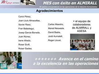 Agradecimientos Conxi Pérez, Joan Lluís Almacellas,  Xavier Raso,  Fran Balastegui,  Josep Garcia Bonada,  Juan Núnez,  Irene Ahedo,  Roser Sivill,  Roser Gadea,  +++++++  Avance en el camino a la excelencia en las operaciones Carlos Maestro,  Manel Nesweda, David Badia, Jordi Aumatell,  Roger Llovet, + el equipo de colaboradores de ALMIRALL y ASESA 