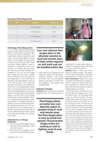 BIOMASS
Technology of Flexi Biogas Plant
It is an air pillow type (ﬂexi) prefabricated
domestic biogas digester with gas holder
made of high density polyethylene. PVC
coated fabric material is used for the fab-
rication of ﬂexi biogas digester and gas
holder. The ﬂexi digester has been placed
in earthen pit with the gas holder above
the ground. Biogas Digester is easy to
install with no requirement for civil con-
struction, and requires very little atten-
tion. There is no civil work involved in the
installation of 1m3
, 2m3
, and 3m3
biogas
plant whereas little civil work is needed
for the installation of 5m3
and larger size
ﬂexi biogas plant. For 2m3
sized ﬂexi bi-
ogas plant, the biogas digester consists of
3 inch inlet PVC pipe, 3 inch outlet PVC
pipe with 3 inch elbow, 6 inch feeding fun-
nel and 0.5 inch gas opening and closing
valve. A mixing tank (plastic drum) along
with hand operated agitator has been pro-
vided to mix cattle dung and water before
feeding. A 20 watt (200 V, 50 Hz) biogas
booster pump has been provided in kitch-
en to supply pressurized biogas to cook-
ing stove (Fig 1). The biogas outlet valve is
closed at the time of feeding of the plant.
The digested slurry ﬂows out of the out-
let pipe into the slurry drying pit due to
pressure of the biogas that accumulates in
the gas holder.Flexi biogas models are the
most advanced technology and cheapest
in the market.
Substrates for 2 m3
Biogas
Production
• Farm manure up to 50 kg/day– poultry,
cattle, pig, horse, poultry(when mixed
with other) manure.
• Plant waste up to 55 kg/day – leaves,
twigs, little branches(shredded) waste.
• Food waste up to 18 kg/day raw and
40kg/ day cooked; from Restaurants,
Cafeterias, Groceries – food wastes
like leftover food, fruit and vegetable
peelings, over-ripped or spoiled fruits
and vegetables, date expired food
(shredded)waste.
Utilization of Biogas:
Cooking: Biogas can be used in a specially
designed burner for cooking purpose. A
biogas plant of 2 cubic metres capacity is
sufﬁcient for providing cooking fuel needs
of a family of about ﬁve persons.
Lighting: Biogas is used in silk mantle
lamps for lighting purpose. The require-
ment of gas for powering a 100 candle
lamp (60 W) is 0.13 cubic metre per hour.
Power Generation: Biogas can be used
to operate a dual fuel engine to replace up
to 80 % of diesel-oil. Diesel engines have
been modiﬁed to run 100 per cent on bi-
ogas. Petrol and CNG engines can also be
modiﬁed easily to use biogas.
Flexi biogas plants are better low cost
alternate option to peoples living in rural
and remote areas. The Flexi biogas plant
is easy to install and operate. The gen-
erated biogas meets the cooking as well
as lighting need of rural family. Due to
less construction work, the plant can be
easily installed and repaired locally. Adap-
tion and utilization of ﬂexi biogas plants
not only convert available organic waste
in to useful gaseous fuel but it also con-
tributes to reduce the global warming ef-
fect & harmful environmental emission.
The use of Flexi biogas technology would
help not only strengthen the energy se-
curity, create employment opportunities
and have environmental beneﬁts but also
it helps to solve the waste management
problem and create a clean and hygienic
surrounding in rural and remote areas of
India
Economics of Flexi Biogas Plant
Sr. No Name of Item Price (approx), INR
1 1 m3
Flexi Biogas plant 12,500
2 2 m3
Flexi Biogas plant 15,000
3 3 m3
Flexi Biogas plant 17,500
4 5 m3
Flexi Biogas Plant 37,500
Low cost advance ﬂexi
biogas plant is the
alternate solution to
rural and remote areas
of India which required
no civil work and can
be installed within day
Flexi biogas plants
are better low cost
alternate option to
peoples living in rural
and remote areas.
The Flexi biogas plant
is easy to install and
operate.Thegenerated
biogas meets the
cooking as well as
lighting need of rural
family
63
BIOMASS
energetica INDIA · AUG15
 