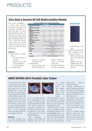 PRODUCTS
80 energetica INDIA · AUG15
Trina Solar’s Duomax 60 Cell Multicrystalline Module
Trina Solar’s DUOMAX, is
a UL/IEC certiﬁ ed framel-
ess module that needs no
grounding. DUOMAX com-
prises two layers of 2.5mm
heat-strengthened glass. By
replacing the plastic back-
sheet with heat-strengthened
glass, DUOMAX provides Fire
Class A safety and reduces
micro-cracking, PID, module
warping, UV aging, and cor-
rosion from sand, acid, alkali,
and salt mist.
Features
• More reliable frameless
design
- Anti-PID and free of
snail trails
- Reduced soiling due
to natural cleaning
- Cleaner aesthetics
• Enhanced Safety
- Fire class A certiﬁed
(TUV Rheinland)
• More Durable
- Robust package pro-
tects cells during me-
chanical loading and
shocks to minimize
micro-cracks
- Certiﬁed to withstand
the most challenging
environmental solu-
tions
• Certiﬁed to withstand the
most challenging envi-
ronmental solutions –
- Module coating resist-
ant to sand, acid, and
alkali
- 2400Pa wind load -
5400Pa snow load
- 35mm hail stones @
97Km/hr.
Trina Solar’s THE DUOMAX 60 CELL MULTICRYSTALLINE MODULE
Technical Data
Peak Power Watts-PMAX
(Wp)
250 255 260 265
Peak Power Watts-PMAX
(Wp)
0 ~ +3
Maximum Power Voltage-
VMPP (V)
30 30.3 30.5 30.8
Maximum Power Current-
IMPP (A)
8.34 8.42 8.52 8.62
Open Circuit Voltage-
VOC (V)
37.5 37.5 37.6 37.6
Short Circuit Current-
ISC (A)
8.97 9.01 9.10 9.20
Module Efﬁciency m (%) 15.2 15.5 15.8 16.1
Solar cells Multicrystalline 156 × 156 mm (6 inches)
Cell orientation 60 cells (6 × 10)
Weight 23.5 kg (51.8lb)
Front Glass
2.5 mm,High Transmission, AR Coated and Heat
Strengthened Glass
EVA White
Back Glass Heat Strengthened Glass, 2.5 mm
Frame Frameless
J-Box IP 65 or IP 67 rated
Cables
Photovoltaic Technology cable 4.0mm² (0.006
inches²),
Portrait:250/130mm, Landscape:1150/1150mm.
Connector MC4-EVO3
Compatible
ARIER NATURA AN14 Parabolic Solar Cooker
The AN14 dish solar cooker
is extensively used for faster
outdoor cooking. The AN-14
dish cooker with 1.4 meter
diameter dish is made with
the help of a single reﬂector
or by amalgamating together
smaller reﬂector pieces, ﬁxed
to a rigid frame. When it is
exposed to Sun in the normal
direction; a point focus would
be formed for cooking food.
It consists of bright anodized
aluminium sheets of 0.4 mm
thick, a bowl supporting
frame, bowl stand, and man-
ual tracking mechanism.
Features
The AN14 Parabolic Solar
Cooker uses sunrays focussed
on to a reﬂ ecting surface,
which concentrates at a fo-
cal point on which the black
painted cooking pot is placed.
The tracking position to-
wards sun is monitored with
the help of a tracking indica-
tor attached to the cooker,
tracking every 10-15 minutes
for higher efﬁciency.
High temperature is
achieved in this cooker and
generates about 700 watts
net power
in good sun-
shine. Very
high temper-
ature above
300°C can be
attained in this
cooker.
Ten litres of water in a sunny
day (atmospheric tempera-
ture 24°C) takes about 40-45
minutes to reach the boiling
temperature of 100°C.
Almost all types of cook-
ing such as boiling of water/
potato/eggs, cooking of rice/
pulses/vegetables/meat, fry-
ing of omelettes /meat, roast-
ing of meat, baking of bread/
cake, etc., can be done in
this cooker. Also the pressure
cooker can be used for
increased efﬁciency.
Minimum maintenance: It
does not require any recurring
cost except a nominal mainte-
nance of repainting the frame
and stand and keeping the re-
ﬂector sheet clean.
The cooker can be used all
day long from sunrise to sun-
set. The cooking intensity is
high during daytime from
11.0 am to 1.0 pm because
of the high sunshine during
that time.
Due to its deeply curved
parabolic shape, the focal
point of the reﬂectors lies
inside the dish and does not
have the risk of burning to
the user.
 