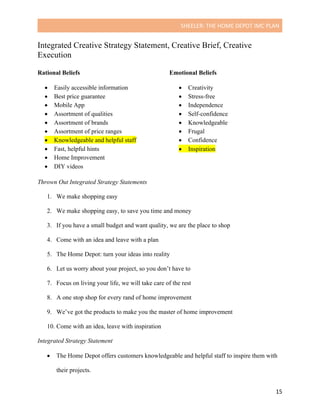 SHEELER:	THE	HOME	DEPOT	IMC	PLAN	
	
	 15	
Integrated Creative Strategy Statement, Creative Brief, Creative
Execution
Rational Beliefs
• Easily accessible information
• Best price guarantee
• Mobile App
• Assortment of qualities
• Assortment of brands
• Assortment of price ranges
• Knowledgeable and helpful staff
• Fast, helpful hints
• Home Improvement
• DIY videos
Emotional Beliefs
• Creativity
• Stress-free
• Independence
• Self-confidence
• Knowledgeable
• Frugal
• Confidence
• Inspiration
Thrown Out Integrated Strategy Statements
1. We make shopping easy
2. We make shopping easy, to save you time and money
3. If you have a small budget and want quality, we are the place to shop
4. Come with an idea and leave with a plan
5. The Home Depot: turn your ideas into reality
6. Let us worry about your project, so you don’t have to
7. Focus on living your life, we will take care of the rest
8. A one stop shop for every rand of home improvement
9. We’ve got the products to make you the master of home improvement
10. Come with an idea, leave with inspiration
Integrated Strategy Statement
• The Home Depot offers customers knowledgeable and helpful staff to inspire them with
their projects.
 