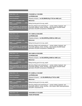 Date (from – to) 21.08.2003 to 11.05.2004
Name of company LA.PRORA.SAS
Kind of business Shipping company -mv BLUMARLIN gt 7143 kw 4480 cont.
Occupation or position held Motorman
Main activities and
responsibilities
Rating forming part of an eng. watch
Short description of equipment
on drilling or workover rig / ship /
others
Servicing ,Repair and overhauling of pumps, boilers, hydraulic and
pneumatic systems, cranes, winches , main engines ZULZER diesel
generators ZULZER compressors (TANABE) etc
Date (from – to) 15.11.2004 to 25.06.2005
Name of company LA.PRORA.SAS
Kind of business Shipping company -mv BLUAROW gt 9400 kw 4480 cont.
Occupation or position held Motorman
Main activities and
responsibilities
Rating forming part of an eng. watch
Short description of equipment
on drilling or workover rig / ship /
others
Servicing ,Repair and overhauling of pumps, boilers, hydraulic and
pneumatic systems, cranes, winches , main engines ZULZER diesel
generators ZULZER compressors (TANABE) etc
Date (from – to) 28.01.2006 to 03.08.2006
Name of company LA.PRORA.SAS
Kind of business Shipping company -mv BLUAROW gt 9400 kw 4480 cont.
Occupation or position held Motorman
Main activities and
responsabilities
Rating forming part of an eng. watch
Short description of equipment
on drilling or workover rig / ship /
others
Servicing ,Repair and overhauling of pumps, boilers, hydraulic and
pneumatic systems, cranes, winches , main engines ZULZER diesel
generators ZULZER compressors (TANABE) etc
Date (from – to) 07.12.2006 to 31.05.2007
Name of company LA.PRORA.SAS
Kind of business Shipping Company – m/v BLUMARLIN gt 7143 kv 4400
Occupation or position held Motorman
Main activities and
responsibilities
Rating forming part of an eng. watch
Short description of equipment
on drilling or workover rig / ship /
others
Servicing ,Repair and overhauling of pumps, boilers, hydraulic and
pneumatic systems, cranes, winches , main engine, B&W diesel generators
(ZULZER, compressors etc
Date (from – to) 18.06.2008 to 01.03.2009
Name of company THOR OFFSHORE
 