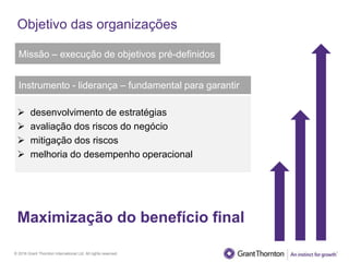 © 2016 Grant Thornton International Ltd. All rights reserved.
Objetivo das organizações
Maximização do benefício final
Missão – execução de objetivos pré-definidos
 desenvolvimento de estratégias
 avaliação dos riscos do negócio
 mitigação dos riscos
 melhoria do desempenho operacional
Instrumento - liderança – fundamental para garantir
 