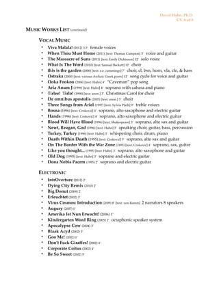 MUSIC WORKS LIST (continued)
VOCAL MUSIC
๏ Viva Malala! (2012) 3.5‘ female voices
๏ When Thou Must Home (2011) [text: Thomas Campion] 3‘ voice and guitar
๏ The Massacre of Suns (2011) [text: Emily Dickinson] 12‘ solo voice
๏ What Is The Word (2010) [text: Samuel Beckett] 12’ choir
๏ this is the garden (2006) [text: e.e. cummings] 7’ choir, cl, bsn, horn, vla, clo, & bass
๏ Ostraka (2004) [text: various Archaic Greek poets] 12’ song cycle for voice and guitar
๏ Ooka Fookoo (2004) [text: Hahn] 4’ “Caveman” pop song
๏ Aria Anum J (1999) [text: Hahn] 4’ soprano with cabasa and piano
๏ Tirlee! Tirlo! (1998) [text: anon.] 3’ Christmas Carol for choir
๏ De omnibus apostolis (2003) [text: anon.] 5’ choir
๏ Three Songs from Ariel (1997) [text: Sylvia Plath] 9’ treble voices
๏ Bosna (1996) [text: Crnković] 4’ soprano, alto saxophone and electric guitar
๏ Hands (1996) [text: Crnković] 4’ soprano, alto saxophone and electric guitar
๏ Blood Will Have Blood (1996) [text: Shakespeare] 3’ soprano, alto sax and guitar
๏ Newt, Reagan, God (1996) [text: Hahn] 3’ speaking choir, guitar, bass, percussion
๏ Turkey, Turkey (1996) [text: Hahn] 3’ whispering choir, drum, piano
๏ Death Within Death (1995) [text: Crnković] 3’ soprano, alto sax and guitar
๏ On The Border With the War Zone (1995) [text: Crnković] 4’ soprano, sax, guitar
๏ Like you thought... (1995) [text: Hahn] 3’ soprano, alto saxophone and guitar
๏ Old Dog (1995) [text: Hahn] 3’ soprano and electric guitar
✴ Dona Nobis Pacem (1995) 2’ soprano and electric guitar
ELECTRONIC
๏ IntrOverture (2012) 2’
๏ Dying City Remix (2010) 2’
๏ Big Donut (2008) 2’
๏ Erleuchtet (2002) 3’
๏ Virus Cosmos: Introduction (2009) 8’ [text: von Ramm] 2 narrators 8 speakers
๏ Augury (2007) 1’
๏ Amerika Ist Nun Erwacht! (2006) 1’
๏ Kindergarten Word Ring (2005) 2’ octaphonic speaker system
๏ Apocalypse Cow (2004) 3’
๏ Blaak Acyd (2002) 3’
๏ Goo Me! (2002) 1’
๏ Don’t Fuck Giraffes! (2002) 4’
๏ Corporate Coitus (2002) 4’
๏ Be So Sweet (2002) 5’
David Hahn, Ph.D.
CV, 6 of 8
 