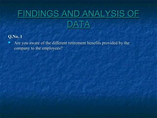 FINDINGS AND ANALYSIS OFFINDINGS AND ANALYSIS OF
DATADATA
Q.No. 1Q.No. 1
 Are you aware of the different retirement benefits provided by theAre you aware of the different retirement benefits provided by the
company to the employees?company to the employees?
 