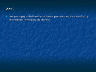 Q.No. 7Q.No. 7
 Are you happy with the online settlement procedure and the time taken byAre you happy with the online settlement procedure and the time taken by
the company to complete the process?the company to complete the process?
 