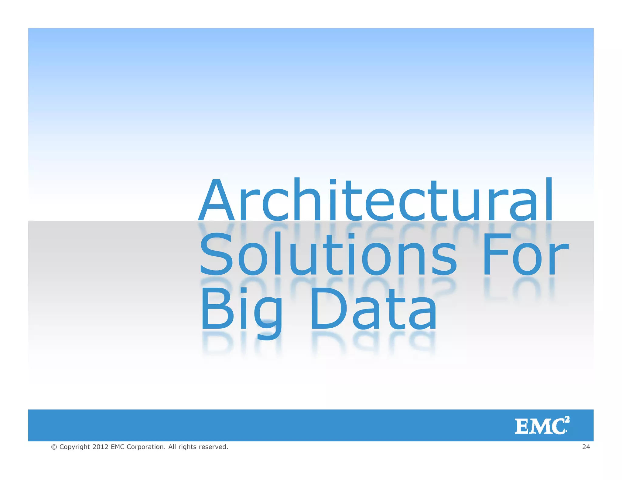 ArchitecturalArchitectural
Solutions ForSolutions For
Big Datag
24© Copyright 2012 EMC Corporation. All rights reserved.
 