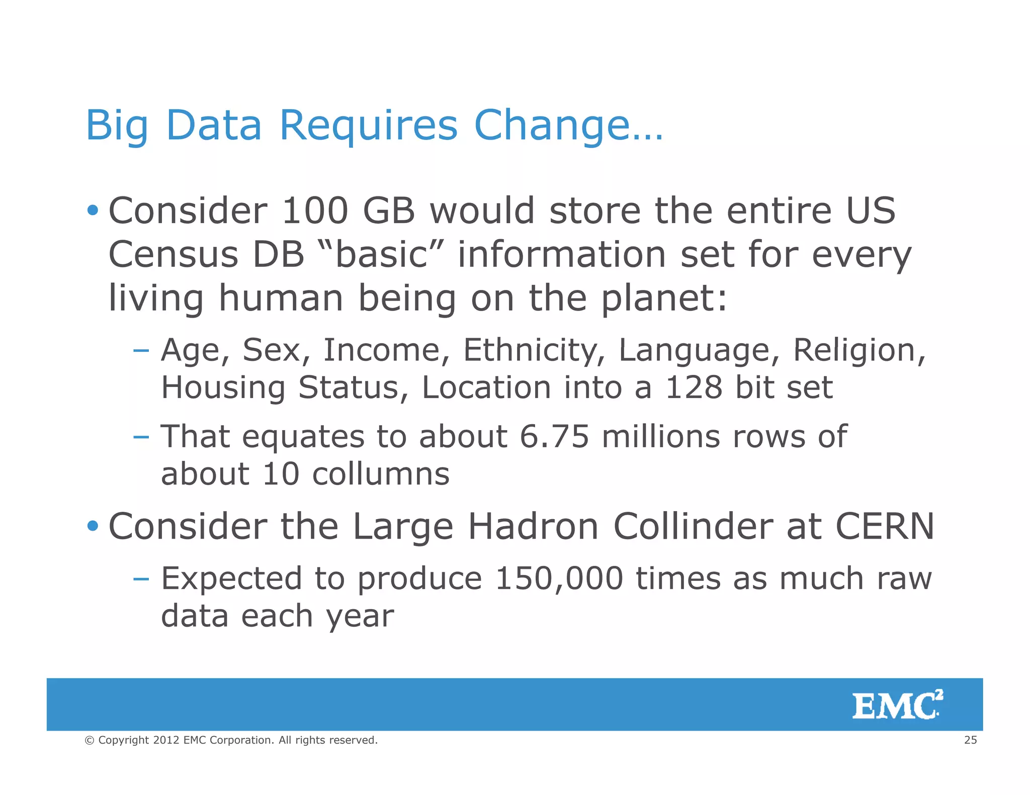 Big Data Requires Change…g q g
 Consider 100 GB would store the entire US
Census DB “basic” information set for everyCensus DB “basic” information set for every
living human being on the planet:
Age Sex Income Ethnicity Language Religion– Age, Sex, Income, Ethnicity, Language, Religion,
Housing Status, Location into a 128 bit set
– That equates to about 6.75 millions rows ofat equates to about 6 5 o s o s o
about 10 collumns
 Consider the Large Hadron Collinder at CERN
– Expected to produce 150,000 times as much raw
data each year
25© Copyright 2012 EMC Corporation. All rights reserved.
 