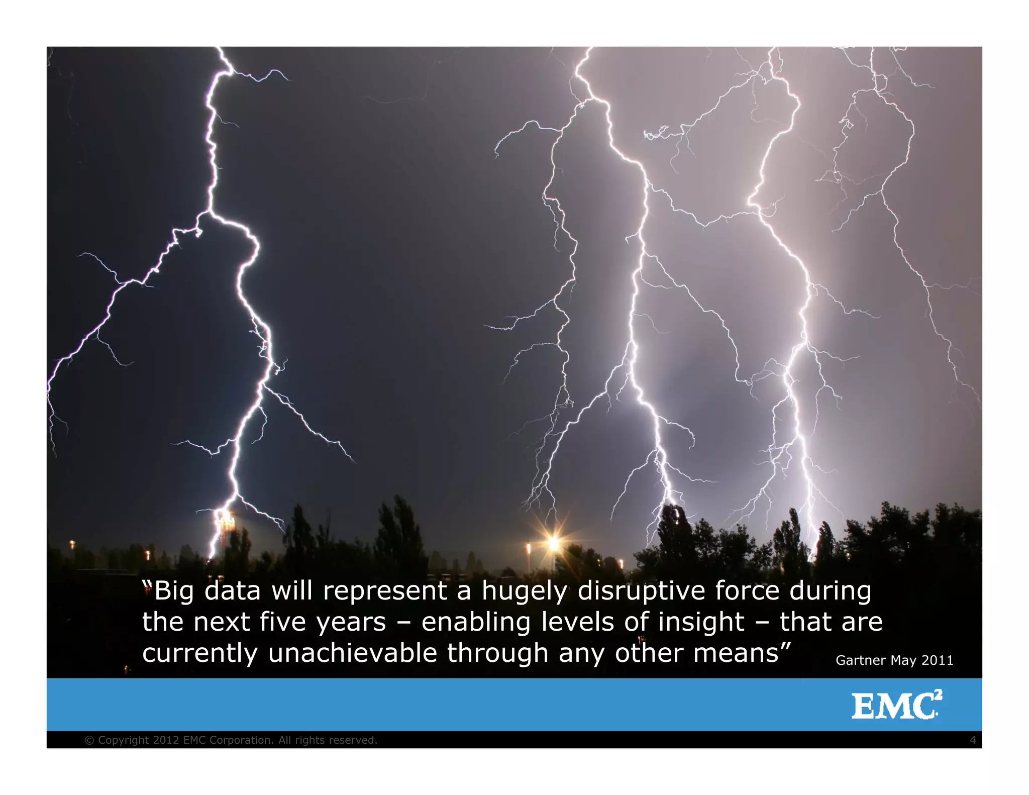 “Big data will represent a hugely disruptive force during
the next five years – enabling levels of insight – that are
currently unachievable through any other means”
4© Copyright 2012 EMC Corporation. All rights reserved.
currently unachievable through any other means” Gartner May 2011
 