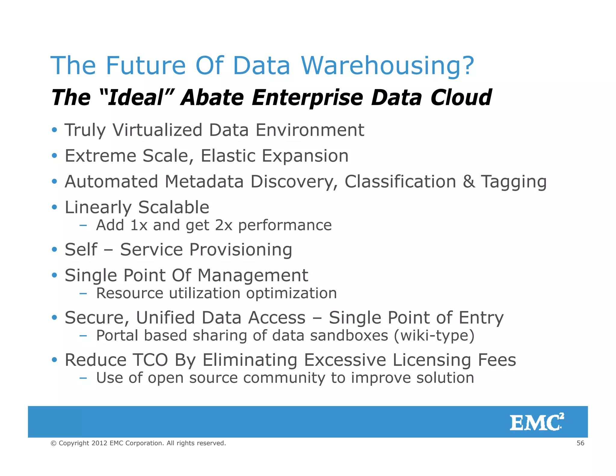 The Future Of Data Warehousing?
The “Ideal” AAbatebate Enterprise Data Cloud
 Truly Virtualized Data Environment
 Extreme Scale, Elastic Expansion
 Automated Metadata Discovery, Classification & Tagging
 Linearly Scalable Linearly Scalable
– Add 1x and get 2x performance
 Self – Service Provisioning
 Single Point Of Management
– Resource utilization optimization
 Secure, Unified Data Access – Single Point of Entry
– Portal based sharing of data sandboxes (wiki-type)
 Reduce TCO By Eliminating Excessive Licensing Fees
– Use of open source community to improve solution
56© Copyright 2012 EMC Corporation. All rights reserved.
 