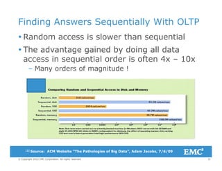 Finding Answers Sequentially With OLTP
 Random access is slower than sequential
 The advantage gained by doing all datag g y g
access in sequential order is often 4x – 10x
– Many orders of magnitude !
31© Copyright 2012 EMC Corporation. All rights reserved.
[2] Source: ACM Website “The Pathologies of Big Data”, Adam Jacobs, 7/6/09
 