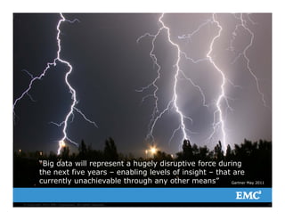“Big data will represent a hugely disruptive force during
the next five years – enabling levels of insight – that are
currently unachievable through any other means”
4© Copyright 2012 EMC Corporation. All rights reserved.
currently unachievable through any other means” Gartner May 2011
 