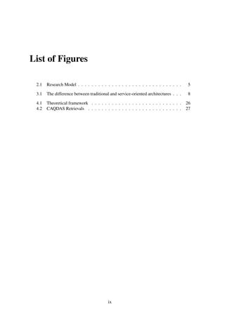 List of Figures
2.1 Research Model . . . . . . . . . . . . . . . . . . . . . . . . . . . . . . . 5
3.1 The difference between traditional and service-oriented architectures . . . 8
4.1 Theoretical framework . . . . . . . . . . . . . . . . . . . . . . . . . . . 26
4.2 CAQDAS Retrievals . . . . . . . . . . . . . . . . . . . . . . . . . . . . 27
ix
 