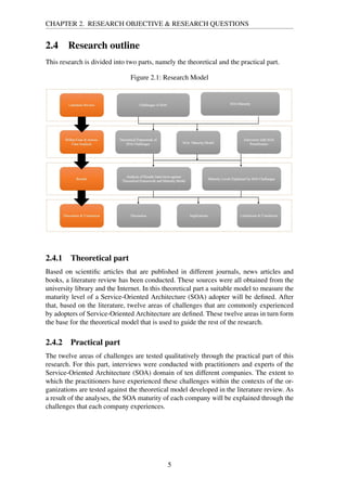 CHAPTER 2. RESEARCH OBJECTIVE & RESEARCH QUESTIONS
2.4 Research outline
This research is divided into two parts, namely the theoretical and the practical part.
Figure 2.1: Research Model
2.4.1 Theoretical part
Based on scientiﬁc articles that are published in different journals, news articles and
books, a literature review has been conducted. These sources were all obtained from the
university library and the Internet. In this theoretical part a suitable model to measure the
maturity level of a Service-Oriented Architecture (SOA) adopter will be deﬁned. After
that, based on the literature, twelve areas of challenges that are commonly experienced
by adopters of Service-Oriented Architecture are deﬁned. These twelve areas in turn form
the base for the theoretical model that is used to guide the rest of the research.
2.4.2 Practical part
The twelve areas of challenges are tested qualitatively through the practical part of this
research. For this part, interviews were conducted with practitioners and experts of the
Service-Oriented Architecture (SOA) domain of ten different companies. The extent to
which the practitioners have experienced these challenges within the contexts of the or-
ganizations are tested against the theoretical model developed in the literature review. As
a result of the analyses, the SOA maturity of each company will be explained through the
challenges that each company experiences.
5
 
