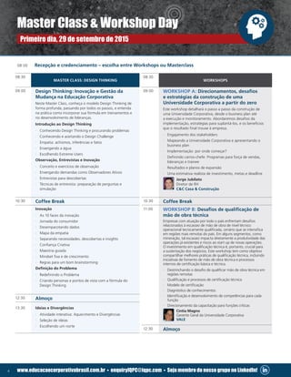 4 www.educacaocorporativabrasil.com.br • enquiryIQPC@iqpc.com • Seja membro do nosso grupo no LinkedIn!
08:00	 Recepção e credenciamento – escolha entre Workshops ou Masterclass
08:30
WORKSHOPS
09:00 WORKSHOP A: Direcionamentos, desafios
e estratégias da construção de uma
Universidade Corporativa a partir do zero
Este workshop detalhará o passo a passo da construção de
uma Universidade Corporativa, desde o business plan até
a execução e monitoramento. Abordaremos desafios da
implementação, estratégias para suplantá-los, e os beneficios
que o resultado final trouxe à empresa.
·· Engajamento dos stakeholders
·· Mapeando a Universidade Corporativa e apresentando o
business plan
·· Implementação: por onde começar?
·· Definindo carros-chefe: Programas para força de vendas,
lideranças e trainee
·· Resultados e planos de expansão
·· Uma estimativa realista de investimento, metas e deadline
Jorge Jubilato
Diretor de RH
CC Casa  Construção
10:30 Coffee Break
11:00 WORKSHOP B: Desafios de qualificação de
mão de obra técnica
Empresas com atuação por todo o país enfrentam desafios
relacionados à escassez de mão de obra de nível técnico
operacional tecnicamente qualificada, cenário que se intensifica
em regiões mais remotas do país. Em alguns segmentos, como
mineração, tal escassez impacta diretamente a produtividade das
operações já existentes e riscos ao start up de novas operações.
O investimento em qualificação técnica é, portanto, crucial para
a sustentação dos negócios. Este workshop tem como objetivo
compartilhar melhores práticas de qualificação técnica, incluindo
iniciativas de fomento de mão de obra técnica e processos
internos de certificação básica e técnica.
·· Destrinchando o desafio de qualificar mão de obra técnica em
regiões remotas
·· Qualificação e processos de certificação técnica
·· Modelo de certificação
·· Diagnóstico de conhecimentos
·· Identificação e desenvolvimento de competências para cada
função
·· Direcionamento da capacitação para funções críticas
Cintia Magno
Gerente Geral da Universidade Corporativa
VALE
12:30 Almoço
08:30
MASTER CLASS: DESIGN THINKING
09:00 Design Thinking: Inovação e Gestão da
Mudança na Educação Corporativa
Neste Master Class, conheça o modelo Design Thinking de
forma profunda, passando por todos os passos, e entenda
na prática como incorporar sua fórmula em treinamentos e
no desenvolvimento de lideranças.
Introdução ao Design Thinking
·· Conhecendo Design Thinking e procurando problemas
·· Conhecendo e aceitando o Design Challenge
·· Empatia: achismos, inferências e fatos
·· Enxergando a água
·· Escolhendo Extreme Users
Observação, Entrevistas e Inovação
·· Conceito e exercícios de observação
·· Enxergando demandas como Observadores Ativos
·· Entrevistas para descobertas
·· Técnicas de entrevista: preparação de perguntas e
simulação
10:30 Coffee Break
Inovação
·· As 10 faces da inovação
·· Jornada do consumidor
·· Desempacotando dados
·· Mapa da empatia
·· Separando necessidades, descobertas e insights
·· Confiança Criativa
·· Maestria guiada
·· Mindset fixa e de crescimento
·· Regras para um bom brainstorming
Definição do Problema
·· Redefinindo o Problema
·· Criando personas e pontos de vista com a fórmula do
Design Thinking
12:30 Almoço
13:30 Ideias e Divergências
·· Atividade interativa: Aquecimento e Divergências
·· Seleção de ideias
·· Escolhendo um norte
Master Class  Workshop Day
Primeiro dia, 29 de setembro de 2015
 