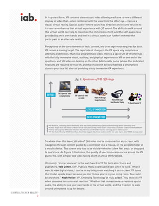 IS VIRTUAL THE NEW REALITY?
2
In its purest form, VR contains stereoscopic video allowing each eye to view a different
display or video that—when combined with the view from the other eye—creates a
visual, virtual reality. Spatial audio—where sound has direction and volume relative to
its source—enhances that virtual experience with 3D sound. The ability to walk around
this virtual world can help to maximize the immersion effect. And the self-awareness
provided by one’s own hands and feet in a virtual world can further immerse the
participant in an alternate reality.
Perceptions on the core elements of tech, content, and user experience required for basic
VR remain a moving target. The rapid rate of change in the VR space only complicates
attempts at definition. Much like programmatic video, there is a spectrum of VR offerings—
with the fully immersive visual, auditory, and physical experience of VR on one end of the
spectrum, and 360 video on desktop on the other. Additionally, some believe that dedicated
headsets are required for true VR, and that makeshift devices that hold a smartphone
close to your face fall short of providing a truly immersive VR experience.
So where does this leave 360 video? 360 video can be consumed on any screen, with
navigation through content guided by a controller like a mouse, or the accelerometer of
a mobile device. The screen only has to be visible—whether a few feet away, or strapped
to one’s face. As Figure 1 illustrates, the quality of user immersion varies across the VR
platforms, with simpler 360 video falling short of a true VR threshold.
Ultimately, “immersiveness” is the watchword in VR for both advertisers and
publishers. Yale Cohen, SVP, Publicis Media expressed it best when he said, “When I
want to view digital video, I can be in my living room watching it on a screen. VR turns
that model upside down because you don’t know you’re in your living room. You could
be anywhere.” Noah Heller, VP, Emerging Technology at Hulu added, “You know it’s VR
when someone has a visceral reaction.” Whether that immersiveness requires spatial
audio, the ability to see your own hands in the virtual world, and the freedom to walk
around unimpeded is up for debate.
fig. 1: Spectrum of VR Offerings
360 “spherical” video
on laptop/desktop 360 “spherical” video
on mobile Mobile VR through
Google Cardboard Mobile VR through
Head Mounted Display PC-Based Headset VR
DEVICES
LEVEL OF IMMERSION
DEVELOPMENT COST
Pew Research, Technology Device Ownership: 2015 http://www.pewinternet.org/2015/10/29/technology-device-ownership-2015/
Reuters: Google ships five million Cardboard virtual reality devices http://www.reuters.com/article/us-alphabet-cardboard-idUSKCN0V5297
Fortune: Samsung Gear VR headset milestone http://fortune.com/2016/05/11/oculus-samsung-gear-1-million-users/
HTC Vive Headset Nearing 100,000 Install Base, Steam Data Suggests http://www.roadtovr.com/htc-vive-sales-figures-data-100000-steamspy-data/
SOURCES:
 