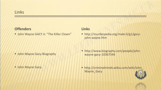 Links
Offenders
 John Wayne GACY Jr. “The Killer Clown”
 John Wayne Gacy Biography
 John Wayne Gacy
Links
 http://murderpedia.org/male.G/g1/gacy-
john-wayne.htm
 http://www.biography.com/people/john-
wayne-gacy-10367544
 http://criminalminds.wikia.com/wiki/John_
Wayne_Gacy
 