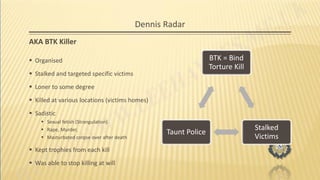 Dennis Radar
AKA BTK Killer
BTK = Bind
Torture Kill
Stalked
Victims
Taunt Police
 Organised
 Stalked and targeted specific victims
 Loner to some degree
 Killed at various locations (victims homes)
 Sadistic
 Sexual fetish (Strangulation)
 Rape, Murder,
 Masturbated corpse over after death
 Kept trophies from each kill
 Was able to stop killing at will
 