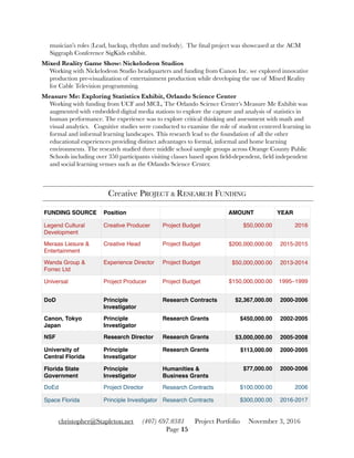 musician’s roles (Lead, backup, rhythm and melody). The ﬁnal project was showcased at the ACM
Siggraph Conference SigKids exhibit.
Mixed Reality Game Show: Nickelodeon Studios 
Working with Nickelodeon Studio headquarters and funding from Canon Inc. we explored innovative
production pre-visualization of entertainment production while developing the use of Mixed Reality
for Cable Television programming.
Measure Me: Exploring Statistics Exhibit, Orlando Science Center 
Working with funding from UCF and MCL, The Orlando Science Center’s Measure Me Exhibit was
augmented with embedded digital media stations to explore the capture and analysis of statistics in
human performance. The experience was to explore critical thinking and assessment with math and
visual analytics. Cognitive studies were conducted to examine the role of student centered learning in
formal and informal learning landscapes. This research lead to the foundation of all the other
educational experiences providing distinct advantages to formal, informal and home learning
environments. The research studied three middle school sample groups across Orange County Public
Schools including over 350 participants visiting classes based upon ﬁeld-dependent, ﬁeld independent
and social learning venues such as the Orlando Science Center.
Creative PROJECT & RESEARCH FUNDING
FUNDING SOURCE Position AMOUNT YEAR
Legend Cultural
Development
Creative Producer Project Budget $50,000.00 2016
Meraas Liesure &
Entertainment
Creative Head Project Budget $200,000,000.00 2015-2015
Wanda Group &
Forrec Ltd
Experience Director Project Budget $50,000,000.00 2013-2014
Universal Project Producer Project Budget $150,000,000.00 1995–1999
DoD Principle
Investigator
Research Contracts $2,367,000.00 2000-2006
Canon, Tokyo
Japan
Principle
Investigator
Research Grants $450,000.00 2002-2005
NSF Research Director Research Grants $3,000,000.00 2005-2008
University of
Central Florida
Principle
Investigator
Research Grants $113,000.00 2000-2005
Florida State
Government
Principle
Investigator
Humanities &
Business Grants
$77,000.00 2000-2006
DoEd Project Director Research Contracts $100,000.00 2006
Space Florida Principle Investigator Research Contracts $300,000.00 2016-2017
christopher@Stapleton.net (407) 697.0381 Project Portfolio November 3, 2016
Page "15
 