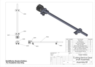 B024
B028
B022
B023
B026
B029
B025
B030
B027
PART NUMBER Part Name Quanity
B022 8-32 Nut 4
B023 No. 8 Washer 4
B024 No. 8 Lock Washer 4
B025 8-32 1/2" Bolt 4
B026 3/8" Acme Threaded Rod 1
B027 12 Pitch 12 Teeth Pinion Gear 1
B028 3/8"-1/2" Spacer Sleeve 1
B008 3/16" Self Locking Gear Pin 1
B030 Acme Support Mount 2
Cutting Device Gear
Shaft Assembly
Assembly B9
Team Yellow
5/27/14Luke Skelly
WEIGHT:
N/A
A3
SHEET 1 OF 1SCALE:1:5
DWG NO.
TITLE:
REVISIONDO NOT SCALE DRAWING
MATERIAL:
DATESIGNATURENAME
DEBUR AND
BREAK SHARP
EDGES
FINISH:UNLESS OTHERWISE SPECIFIED:
DIMENSIONS ARE IN INCHES
SURFACE FINISH:
TOLERANCES:
LINEAR:
ANGULAR:
Q.A
MFG
APPV'D
CHK'D
DRAWN
SolidWorks Student Edition.
For Academic Use Only.
 