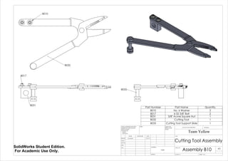B017
B031
B010
B032
B033
Part Number Part Name Quantity
B010 No. 6 Washer 2
B017 6-32 3/8" Bolt 2
B031 3/8" Acme Square Nut 1
B032 Cutting Tool 1
B033 Cutting Tool Support Slide 1
Cutting Tool Assembly
Assembly B10
Team Yellow
5/27/14Luke Skelly
WEIGHT:
N/A
A3
SHEET 1 OF 1SCALE:1:2
DWG NO.
TITLE:
REVISIONDO NOT SCALE DRAWING
MATERIAL:
DATESIGNATURENAME
DEBUR AND
BREAK SHARP
EDGES
FINISH:UNLESS OTHERWISE SPECIFIED:
DIMENSIONS ARE IN INCHES
SURFACE FINISH:
TOLERANCES:
LINEAR:
ANGULAR:
Q.A
MFG
APPV'D
CHK'D
DRAWN
SolidWorks Student Edition.
For Academic Use Only.
 