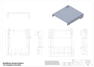 0.160.25 0.25 0.25 0.16 0.25
0.25
0.25
0.25
0.25
16.00
0.17 0.170.23
0.301.75
0.20
R0.16
0.16
0.250.25
0.500.16
R0.79
R0.66
15.00
2.99
0.10
0.186.200.184.72
0.58 1.88 3.01 4.06 3.01 1.88 0.58
0.84
0.66
1.50
0.66
0.85
0.75
0.75
1.251.751.72
8.110.56 1.39 2.49
0.46
0.39
1.101.54
2.08
0.301.952.47
0.18
6.20
0.18
3.99
0.73
1.96
0.22 0.31
0.50
0.75
0.85
2.001.00
The base was manufactured in the same way in that once the original
dimensions were set they were cut to size on the band saw, de-burred on the
grinder, and then were ready to be laid out. First the holes for the base L
brackets were drilled to have a rigid frame, then as the robot became more
complex the frame was altered to accommodate. This mainly required drilling
holes with either the drill press or power drill, but the mill was also used to
create a slide for the tracks. This was done manually without a G-code due to its
simple geometry. To ensure safe practice the RPM of the end-mill and feed rate
were watched closely to make sure they were the right values for aluminum.
Decimal Tolerance
0.0 ±0.01
0.00 ±0.005
0.000 ±0.001
Base Frame
A223
Team Yellow
3/8/14Luke Skelly
WEIGHT:
Aluminum
A1
SHEET 1 OF 1SCALE:1:2
DWG NO.
TITLE:
REVISIONDO NOT SCALE DRAWING
MATERIAL:
DATESIGNATURENAME
DEBUR AND
BREAK SHARP
EDGES
FINISH:UNLESS OTHERWISE SPECIFIED:
DIMENSIONS ARE IN INCHES
SURFACE FINISH:
TOLERANCES:
LINEAR:
ANGULAR:
Q.A
MFG
APPV'D
CHK'D
DRAWN
SolidWorks Student Edition.
For Academic Use Only.
 