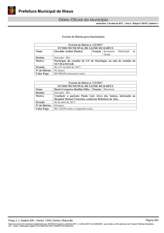 Prefeitura Municipal de Ilheus
Diário Oficial do Município
sexta-feira, 7 de abril de 2017 | Ano II - Edição nº 00157 | Caderno 1
Praça J. J. Seabra S/N – Centro | S/N | Centro | Ilhéus-Ba Página 005
Este documento foi assinado digitalmente por SERASA Experian conforme MP n. 2.200-2/2001 de 24/08/2001, que institui a infra-estrutura de Chaves Públicas Brasileira -
ICP - Brasil. Cetificação diigital: 81ECAB57D2CAFE178B30FF4A7052AF03
 
