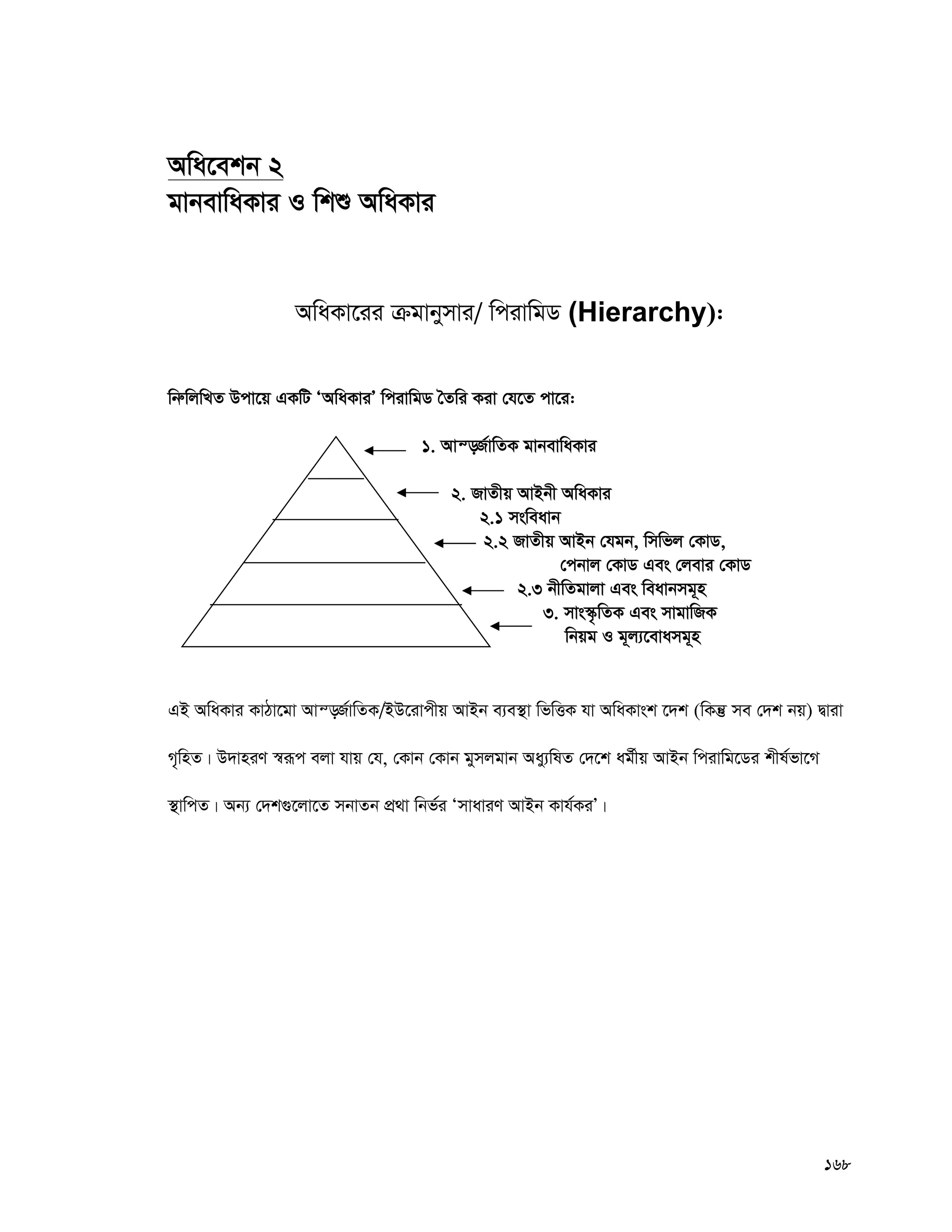 168
Awa‡ekb 2
gvbevwaKvi I wkï AwaKvi
AwaKv‡ii μgvbymvi/ wcivwgW (Hierarchy):
wbæwjwLZ Dcv‡q GKwU ÔAwaKviÕ wcivwgW ˆZwi Kiv †h‡Z cv‡i:
1. Avš—R©vwZK gvbevwaKvi
2. RvZxq AvBbx AwaKvi
2.1 msweavb
2.2 RvZxq AvBb †hgb, wmwfj †KvW,
†cbvj †KvW Ges †jevi †KvW
2.3 bxwZgvjv Ges weavbmg~n
3. mvs¯‹…wZK Ges mvgvwRK
wbqg I g~j¨‡evamg~n
GB AwaKvi KvVv‡gv Avš—R©vwZK/BD‡ivcxq AvBb e¨e¯’v wfwËK hv AwaKvsk ‡`k (wKš‘ me †`k bq) Øviv
M„wnZ| D`vniY ¯^iƒc ejv hvq †h, †Kvb †Kvb gymjgvb Aay¨wlZ †`‡k ag©xq AvBb wcivwg‡Wi kxl©fv‡M
¯’vwcZ| Ab¨ †`k¸‡jv‡Z mbvZb cÖ_v wbf©i ÔmvaviY AvBb Kvh©KiÕ|
 