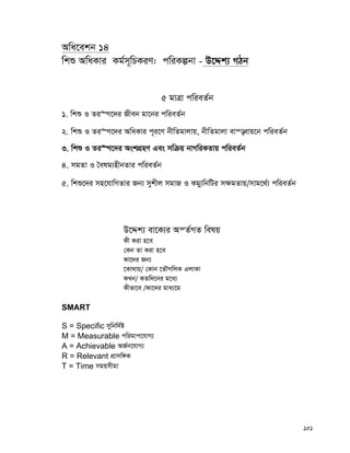 151
Awa‡ekb 14
wkï AwaKvi Kg©m~wPKiY: cwiKíbv - D‡Ïk¨ MVb
5 gvÎv cwieZ©b
1. wkï I Zi“Y‡`i Rxeb gv‡bi cwieZ©b
2. wkï I Zi“Y‡`i AwaKvi c~i‡Y bxwZgvjvq, bxwZgvjv ev¯—evq‡b cwieZ©b
3. wkï I Zi“Y‡`i AskMÖnY Ges mwμq bvMwiKZvq cwieZ©b
4. mgZv I ˆelg¨nxbZvi cwieZ©b
5. wkï‡`i mn‡hvwMZvi Rb¨ mykxj mgvR I Kgy¨wbwUi m¶gZvq/mvg‡_©¨ cwieZ©b
D‡Ïk¨ ev‡K¨i AšZ©MZ welq
Kx Kiv n‡e
†Kb Zv Kiv n‡e
Kv‡`i Rb¨
‡Kv_vq/ †Kvb ‡fŠMwjK GjvKv
KLb/ KZw`‡bi g‡a¨
Kxfv‡e /Kv‡`i gva¨‡g
SMART
S = Specific mywbw`©ó
M = Measurable cwigvc‡hvM¨
A = Achievable AR©b‡hvM¨
R = Relevant cÖvmw½K
T = Time mgqmxgv
 