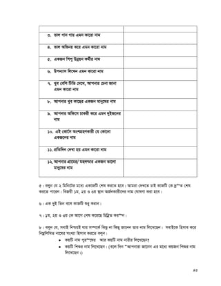 43
3. fvj Mvb Mvq Ggb Kv‡iv bvg
4. fvj Awfbq K‡i Ggb Kv‡iv bvg
5. GKRb wkky Dbœqb Kg©xi bvg
6. Dcb¨vm wj‡Lb Ggb Kv‡iv bvg
7. Lye †ewk wUwf †`‡L, Avcbvi †Pbv Rvbv
Ggb Kv‡iv bvg
8. Avcbvi Lye Kv‡Qi GKRb gvby‡li bvg
9. Avcbvi Awd‡m PvKix K‡i Ggb `yBR‡bi
bvg
10. GB †Kv‡©m AskMÖnYKvix †h †Kv‡bv
GKR‡bi bvg
11. cÖwZw`b †`Lv nq Ggb Kv‡iv bvg
12.Avcbvi MÖv‡gi/ gnj−vi GKRb fv‡jv
gvby‡li bvg
5| ejyb †h 2 wgwb‡Ui g‡a¨ GKvRwU †kl Ki‡Z n‡e| Avgiv †`L‡Z PvB KvRwU †K `ª“Z †kl
Ki‡Z cv‡ib| weRqx 1g, 2q I 3q ¯’vb AR©bKvix‡`i bvg †NvlYv Kiv n‡e|
6| GK `yB wZb e‡j KvRwU ïiy Kivb|
7| 1g, 2q I 3q †K Av‡M †kl K‡i‡Q wPwnèZ Ki“b|
8| ejyb †h, mevB wbðqB hvi m¤ú‡K© wKQz bv wKQ~ Rv‡bb Zvi bvg wj‡L‡Qb| mevB‡K wnmve K‡i
wbgœwjwLZ bv‡gi msL¨v wnmve Ki‡Z ejyb|
 KqwU bvg cyi“‡li Avi KqwU bvg bvixi wj‡L‡Qb?
 KqwU wkïi bvg wj‡L‡Qb| (e‡j w`b ÒAvcbviv Rv‡bb Gi g‡a¨ KqRb wkïi bvg
wj‡L‡Qb|)
 