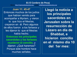 Juan 11: 45-47
Entonces muchos de los judíos
que habían venido para
acompañar a Myriam, y vieron
lo que hizo el Mesìas,
creyeron en él. Pero algunos
de ellos fueron a los fariseos y
les dijeron lo que el Mesìas
había hecho.
Entonces los principales
sacerdotes y los fariseos
reunieron el concilio, y
dijeron: ¿Qué haremos?
Porque este hombre hace
muchas señales.
Llegó la noticia a
los principales
sacerdotes en
Jerusalen sobre la
resurrección de
Lázaro en día de
Shabbat, e
hicieron concilio
en el mismo día 10
del 1er mes:
81 El Cordero de Pesaj
Edicion: http://regresandoalasraices.org - email: info@regresandoalasraices.org
 