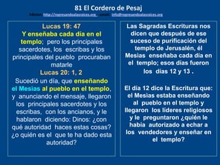 Lucas 19: 47
Y enseñaba cada día en el
templo; pero los principales
sacerdotes, los escribas y los
principales del pueblo procuraban
matarle
Lucas 20: 1, 2
Sucedió un día, que enseñando
el Mesìas al pueblo en el templo,
y anunciando el mensaje, llegaron
los principales sacerdotes y los
escribas, con los ancianos, y le
hablaron diciendo: Dinos: ¿con
qué autoridad haces estas cosas?
¿o quién es el que te ha dado esta
autoridad?
Las Sagradas Escrituras nos
dicen que después de ese
suceso de purificación del
templo de Jerusalén, él
Mesìas enseñaba cada día en
el templo; esos días fueron
los días 12 y 13 .
El día 12 dice la Escritura que:
el Mesìas estaba enseñando
al pueblo en el templo y
llegaron los líderes religiosos
y le preguntaron ¿quién le
había autorizado a echar a
los vendedores y enseñar en
el templo?
81 El Cordero de Pesaj
Edicion: http://regresandoalasraices.org - email: info@regresandoalasraices.org
 
