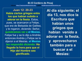 Juan 12: 20-23
Había ciertos griegos entre
los que habían subido a
adorar en la fiesta. Estos,
pues, se acercaron a Felipe,
que era de Betsaida de Galilea,
y le rogaron, diciendo: Señor,
quisiéramos ver a el Mesìas.
Felipe fue y se lo dijo a Andrés;
entonces Andrés y Felipe se lo
dijeron a el Mesìas. el Mesìas
les respondió diciendo: Ha
llegado la hora para que el
Hijo del Hombre sea
glorificado.
Al día siguiente; el
día 13, nos dice la
Escritura que
habían unos
griegos que
habían venido a
adorar en la fiesta,
y aprovecharon
también para a
buscar a el
Mesìas:
81 El Cordero de Pesaj
Edicion: http://regresandoalasraices.org - email: info@regresandoalasraices.org
 