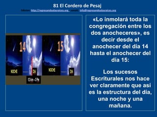 los emisarios. Y les dijo: !!
Cuánto he deseado comer
con vosotros
«Lo inmolará toda la
congregación entre los
dos anocheceres», es
decir desde el
anochecer del día 14
hasta el anochecer del
día 15:
Los sucesos
Escriturales nos hace
ver claramente que así
es la estructura del día,
una noche y una
mañana.
81 El Cordero de Pesaj
Edicion: http://regresandoalasraices.org - email: info@regresandoalasraices.org
 