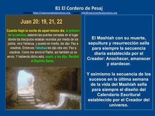 los emisarios. Y les dijo: !!
Cuánto he deseado comer
con vosotros
El Mashiah con su muerte,
sepultura y resurrección sella
para siempre la secuencia
diaria establecida por el
Creador: Anochecer, amanecer
y atardecer.
Y asimismo la secuencia de los
sucesos en la última semana
de la vida del Mashiah sella
para siempre el diseño del
Calendario Escritural
establecido por el Creador del
universo.
81 El Cordero de Pesaj
Edicion: http://regresandoalasraices.org - email: info@regresandoalasraices.org
 