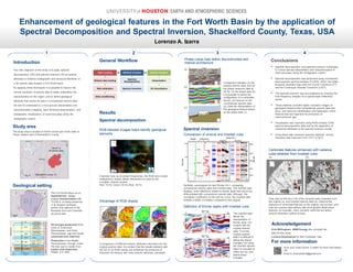 Lorenzo A. Izarra
Enhancement of geological features in the Fort Worth Basin by the application of
Spectral Decomposition and Spectral Inversion, Shackelford County, Texas, USA
Introduction
The main objective of this study is to apply spectral
decomposition (SD) and spectral inversion (SI) as seismic
attributes to enhance stratigraphic and structural elements on
a 3D seismic data located in Fort Worth basin.
By applying these techniques it is possible to improve the
vertical resolution of seismic data to better understand the
characteristics on this region, and to define geological
elements that cannot be seen in conventional seismic data.
SD and SI contributed to a more precise interpretation and
characterization (mapping, layer thickness determination, and
stratigraphic visualization) of reservoirs plays along the
stratigraphic column.
Shackelford County, TX
120 mi² of
3D seismic data
Acknowledgement
Dick Willingham - BBW Energy who provided the
data for this study.
Lumina Geophysical for their invaluable help.
For more information
2 3 4
Study area
The study area is located on North central part of the state of
Texas, eastern part of Shackelford County.
Geological setting
Oil and gas production from
rocks of Ordovician,
Mississippian, and Early
Pennsylvanian age are mostly
carbonate rock reservoir.
Production in the Middle
Pennsylvanian through Lower
Permian part is mostly from
clastic rock reservoirs.
(Pollastro et al., 2003)
The Fort Worth Basin as an
asymmetrical, wedge-
shaped foreland basin with
12,000 ft. of strata preserved
in its deepest northeast
portion and adjacent to the
Muenster Arch and Ouachita
structural belt.
General Workflow
Results
Spectral decomposition
RGB blended images helps identify geological
elements
Channels tune up at certain frequencies, the RGB color-coded
multispectral display allows interpreters to observe the
complete channel system.
Red: 16 Hz; Green: 26 Hz; Blue: 36 Hz
Comparison between (a) the
original seismic data, and (b)
the phase response data at
26 Hz. On the phase data (b)
it is possible to define the
configuration of a carbonate
barrier, not obvious on the
conventional seismic data
(a). Note the interpretation of
this geological feature based
on the phase data (c)
(a)
(b)
(c)
Carbonate features enhanced with variance
cube obtained from inverted cube
(a) (b)
Time slice at 450 ms in 3D of the variance data computed from
the original (a), and inverted seismic data (b). Observe the
presence of carbonate features on the original (red arrows), and
note the inverted data defines with more greater detail those
features, for example, minor pinnacle reefs that are below
seismic resolution (yellow arrows)
Phase cubes help define discontinuities and
internal architecture
Advantage of RGB display
A comparison of different seismic attributes extracted over the
original seismic data. It is evident that the results obtained with
the SD on an RGB overlay are enhanced the presence of
channels not obvious with other seismic attributes calculated
The inverted data
allows the
interpretation of
thinner layer, not
evident with the
original seismic
data. From the
original seismic
data it is difficult to
define the lateral
changes, but using
the inverted seismic
data it is possible to
follow the top, and
define these
changes
Definition of thinner layers with inverted cube
Scan your smart phone or tablet for more information.
OR
email to lorenzoizarra@gmail.com
Conclusions
• Spectral decomposition and spectral inversion contributed
to a more precise interpretation and characterization of
reservoirs plays along the stratigraphic column.
• Spectral decomposition was performed using constrained
least-squares spectral analysis (CLSAA), which has better
temporal resolution than both the Fourier Transform (FT)
and the Continuous Wavelet Transform (CWT).
• The spectral inversion was accomplished by inverting the
time-frequency analysis for a sparse-layer reflectivity
series.
• These methods provided higher resolution images of
geological features than conventional seismic data had
done, and improved identification and delineation of this
features that are important for production of
unconventional gas.
• Visualization was improved using RGB overlays of the
spectral decomposition data and by the application of
coherence attributes to the spectral inversion results.
• Using these high resolution spectral methods, vertical
resolution was improved from 115 ft. to 50 ft.
1
Spectral inversion
Comparison of original and inverted cube
Synthetic seismogram for well Richter 34-1, comparing
conventional seismic data and inverted data. The inverted data
displays more reflections related to thinner layer that cannot be
differentiated with conventional seismic data. Although, the
correlation coefficient, for the well tie, is low; the inverted data
exhibits a better correlation compared to the original
 
