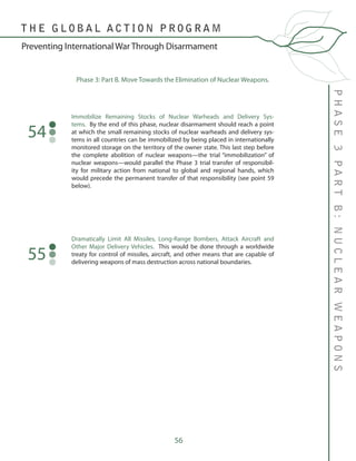 56
Phase 3: Part B. Move Towards the Elimination of Nuclear Weapons.
Immobilize Remaining Stocks of Nuclear Warheads and Delivery Sys-
tems. By the end of this phase, nuclear disarmament should reach a point
at which the small remaining stocks of nuclear warheads and delivery sys-
tems in all countries can be immobilized by being placed in internationally
monitored storage on the territory of the owner state. This last step before
the complete abolition of nuclear weapons—the trial “immobilization” of
nuclear weapons—would parallel the Phase 3 trial transfer of responsibil-
ity for military action from national to global and regional hands, which
would precede the permanent transfer of that responsibility (see point 59
below).
54
Dramatically Limit All Missiles, Long-Range Bombers, Attack Aircraft and
Other Major Delivery Vehicles. This would be done through a worldwide
treaty for control of missiles, aircraft, and other means that are capable of
delivering weapons of mass destruction across national boundaries.
55
PHASE3PARTB:NUCLEARWEAPONS
T H E G L O B A L A C T I O N P R O G R A M
Preventing International War Through Disarmament
 