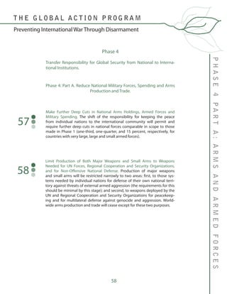 58
Phase 4
Transfer Responsibility for Global Security from National to Interna-
tional Institutions.
Phase 4: Part A. Reduce National Military Forces, Spending and Arms
Production and Trade.
Make Further Deep Cuts in National Arms Holdings, Armed Forces and
Military Spending. The shift of the responsibility for keeping the peace
from individual nations to the international community will permit and
require further deep cuts in national forces comparable in scope to those
made in Phase 1 (one-third, one-quarter, and 15 percent, respectively, for
countries with very large, large and small armed forces).
57
PHASE4PARTA:ARMSANDARMEDFORCES
T H E G L O B A L A C T I O N P R O G R A M
Preventing International War Through Disarmament
Limit Production of Both Major Weapons and Small Arms to Weapons
Needed for UN Forces, Regional Cooperation and Security Organizations,
and for Non-Offensive National Defense. Production of major weapons
and small arms will be restricted narrowly to two areas: first, to those sys-
tems needed by individual nations for defense of their own national terri-
tory against threats of external armed aggression (the requirements for this
should be minimal by this stage); and second, to weapons deployed by the
UN and Regional Cooperation and Security Organizations for peacekeep-
ing and for multilateral defense against genocide and aggression. World-
wide arms production and trade will cease except for these two purposes.
58
 