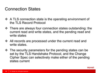© Novell, Inc. All rights reserved.14
Connection States
 A TLS connection state is the operating environment of
the TLS Record Protocol
 There are always four connection states outstanding: the
current read and write states, and the pending read and
write states
 All records are processed under the current read and
write states.
 The security parameters for the pending states can be
set by the TLS Handshake Protocol, and the Change
Cipher Spec can selectively make either of the pending
states current
 