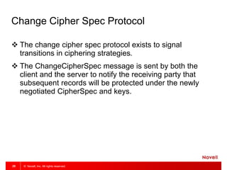 © Novell, Inc. All rights reserved.20
Change Cipher Spec Protocol
 The change cipher spec protocol exists to signal
transitions in ciphering strategies.
 The ChangeCipherSpec message is sent by both the
client and the server to notify the receiving party that
subsequent records will be protected under the newly
negotiated CipherSpec and keys.
 