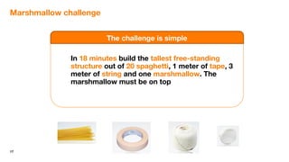 17
In 18 minutes build the tallest free-standing
structure out of 20 spaghetti, 1 meter of tape, 3
meter of string and one marshmallow. The
marshmallow must be on top
The challenge is simple
Marshmallow challenge
 