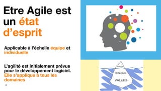 2
Etre Agile est
un état
d’esprit
Applicable à l’échelle équipe et
individuelle
L’agilité est initialement prévue
pour le développement logiciel.
Elle s’applique à tous les
domaines
 