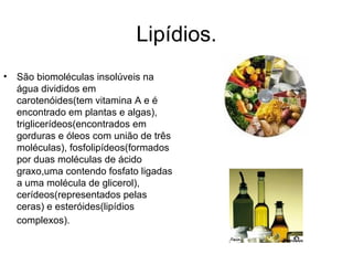 Lipídios. São biomoléculas insolúveis na água divididos em carotenóides(tem vitamina A e é encontrado em plantas e algas), triglicerídeos(encontrados em gorduras e óleos com união de três moléculas), fosfolipídeos(formados por duas moléculas de ácido graxo,uma contendo fosfato ligadas a uma molécula de glicerol), cerídeos(representados pelas ceras) e esteróides(lipídios complexos).